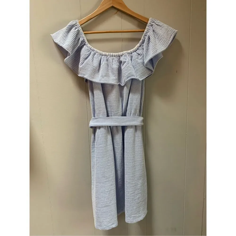 Michael Kors Ruffle-Neck Seersucker Dress with Pockets NWOT Large